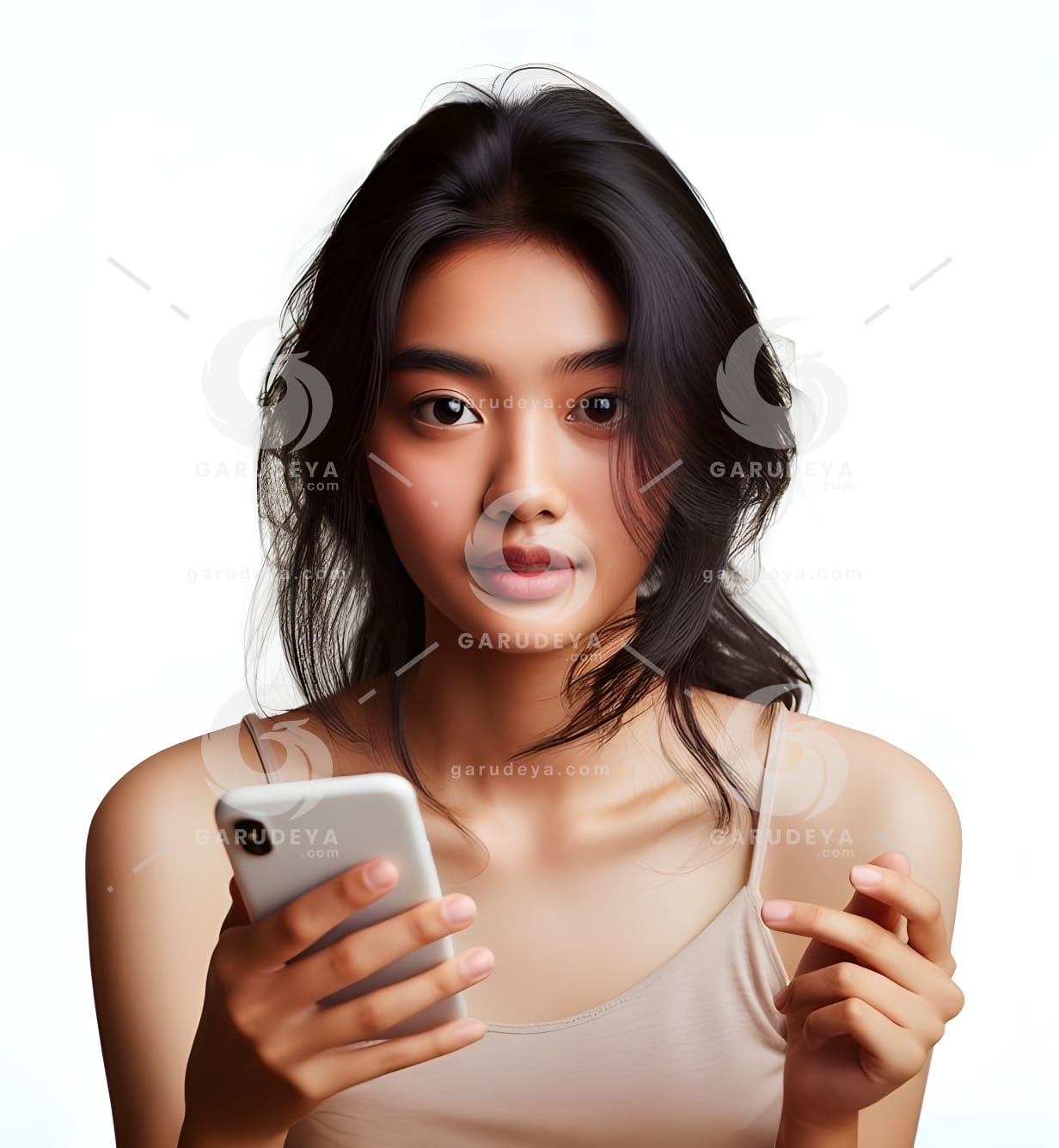 beautiful young Indonesian woman looking at a cellphone screen-5609334998