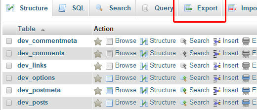 php myadmin export button