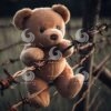 the illustration of a teddy bear crossing barbed wire