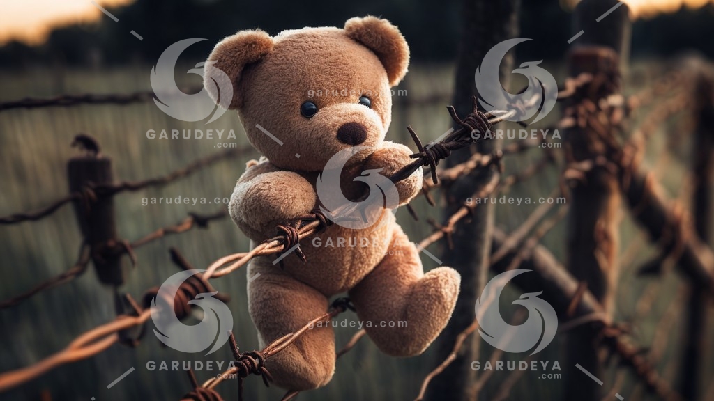 the illustration of a teddy bear crossing barbed wire