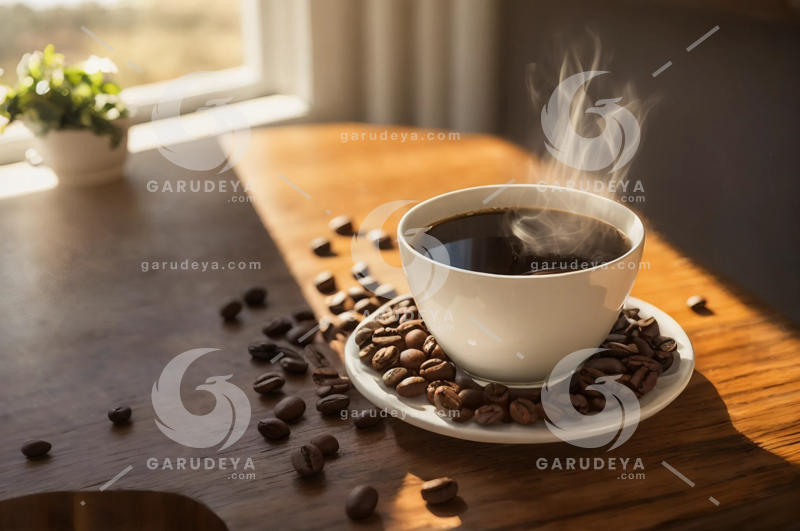 Steaming Cup of Coffee on Wooden Table with Coffee Beans