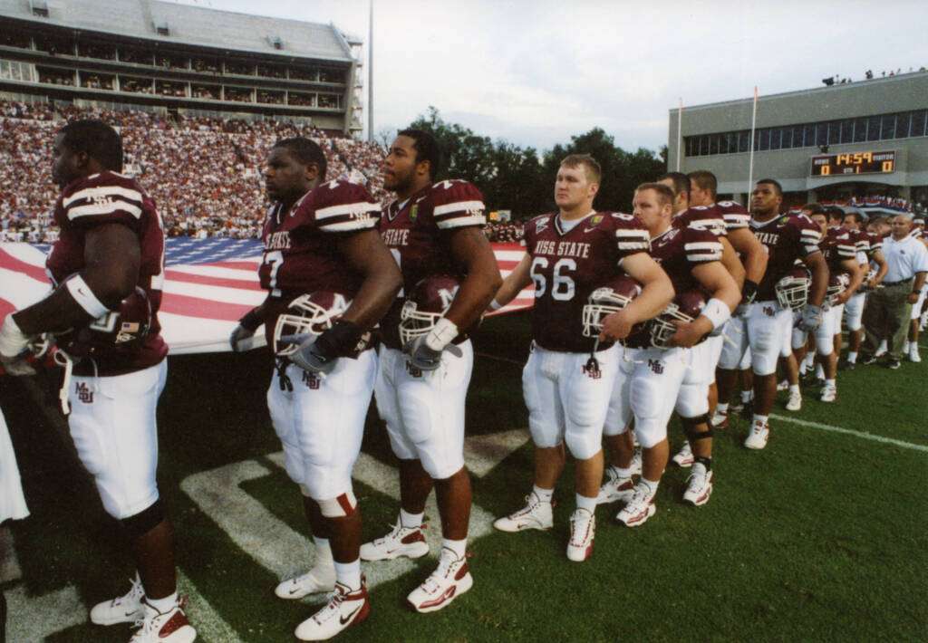 Miss. St. players vs SC in first game after 9/11. Sept. 20, 2001