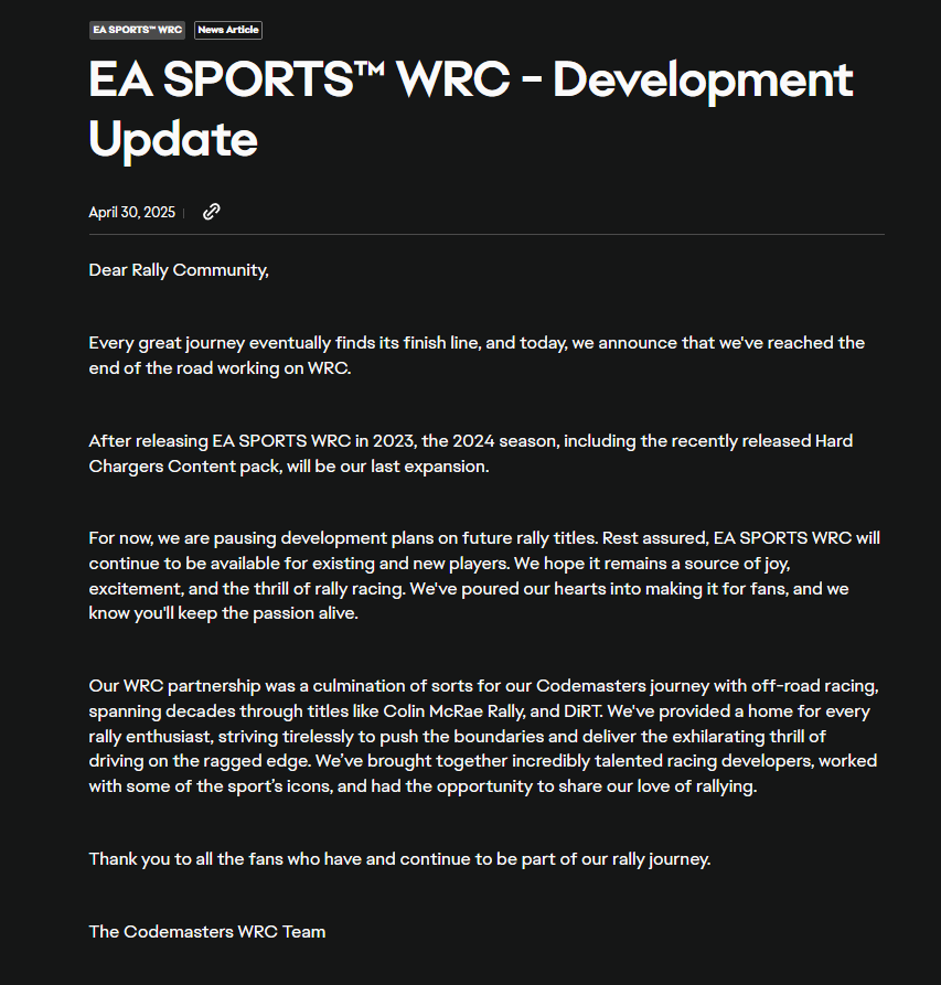 EA WRC Statement