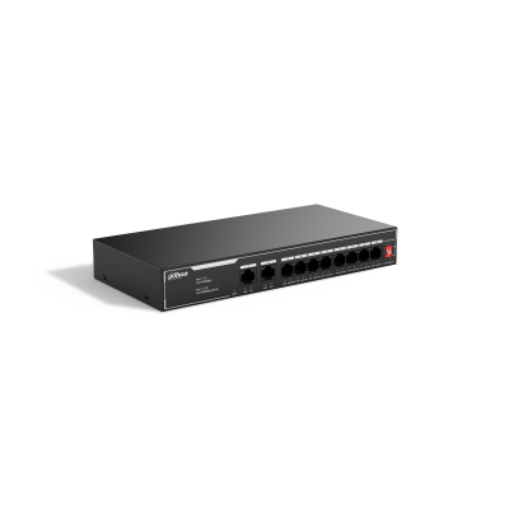 Switch Dahua PoE 10 puertos 10/100, NO ADMINISTRABLE / 8 puertos PoE, Admite los estándares 802.3af y 802.3at, Admite transmisión PoE de larga distancia de 250 m, Función de PoE watchdog. - Componentes