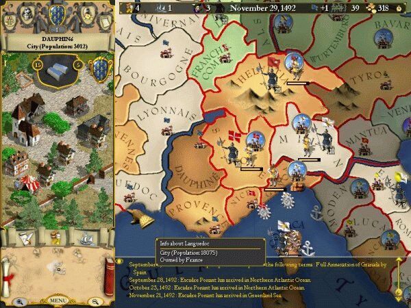 Una tipica fase di gioco. Europa Universalis si controller&agrave; interamente con mouse e tastiera.