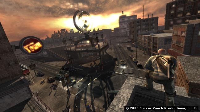 Cole scruta l'orizzonte. Il tramonto fa assumere a Empire City delle tinte da brivido