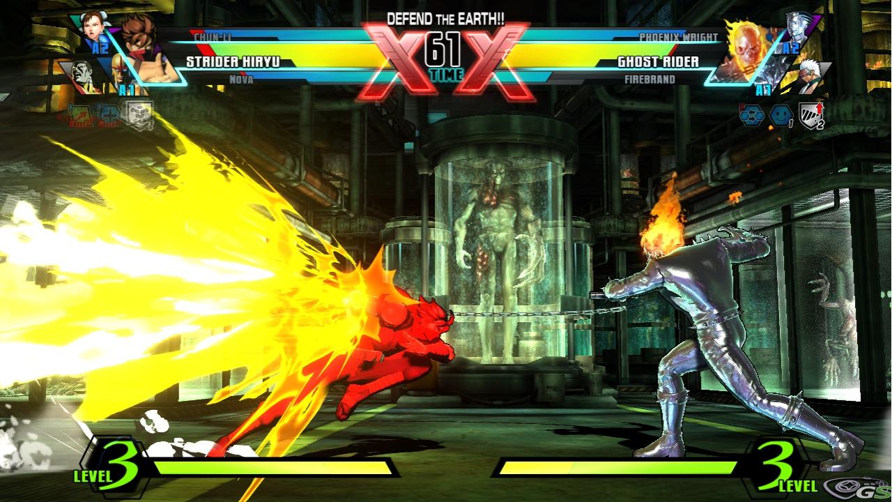 Strider Hiryu con la mega-armatura subisce danni ma non ne viene sbalzato
