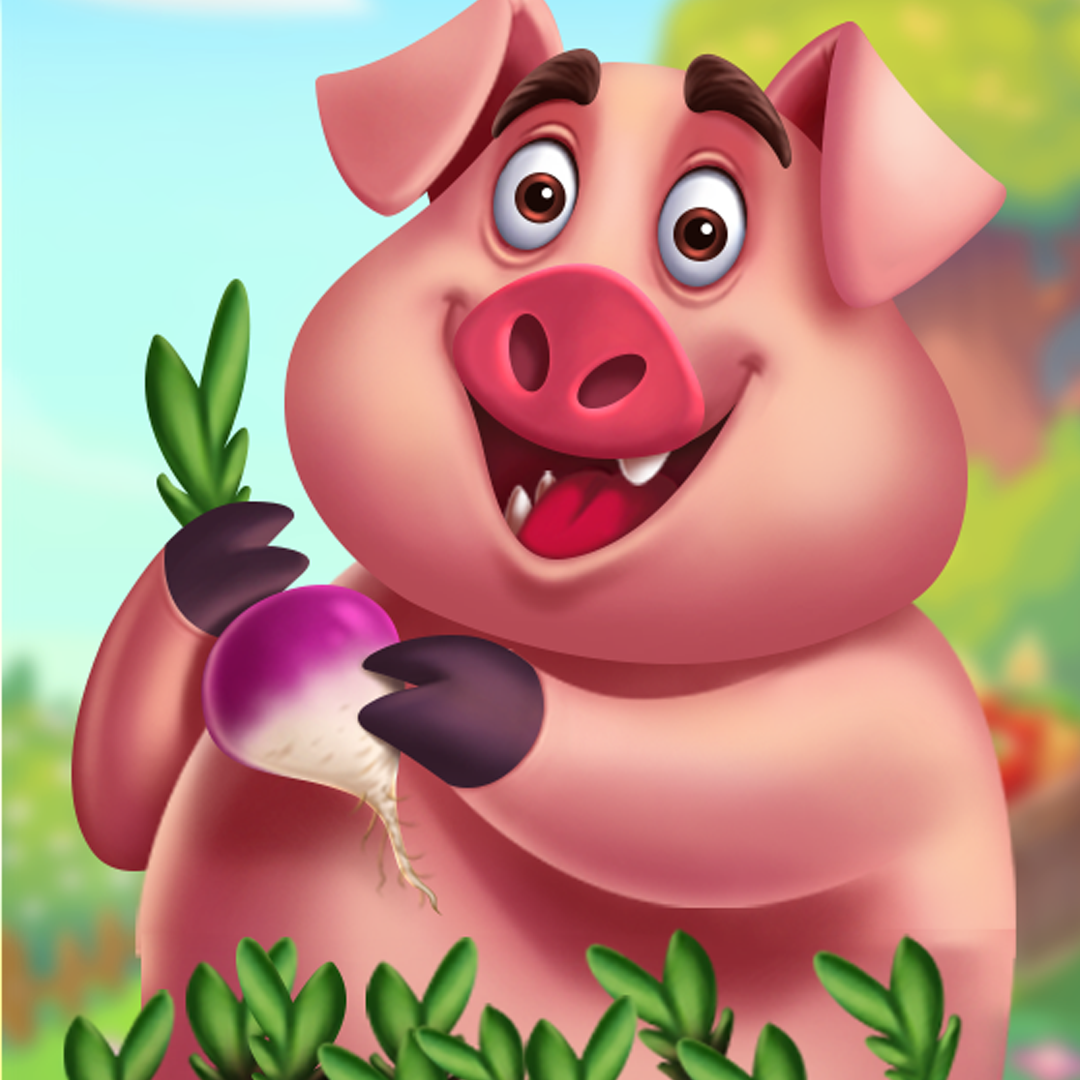 A happy pig with pink skin, a big smile, and small eyes. It's holding a large purple turnip in its front paws, surrounded by green plants.