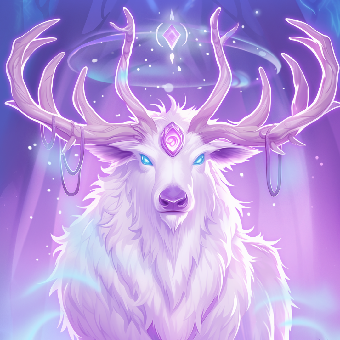 Mystical white stag with glowing blue eyes and intricate antlers adorned with rings and a floating jewel above its head, set in an ethereal, magical forest.