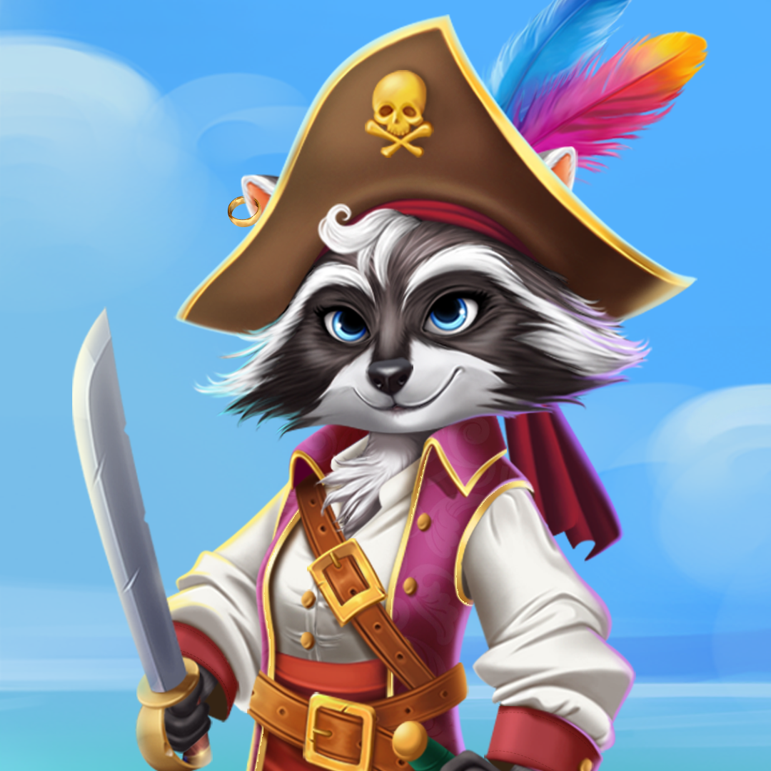 2D cartoon raccoon character in a pirate-themed slot game, dressed as a captain, stands confidently holding a sword