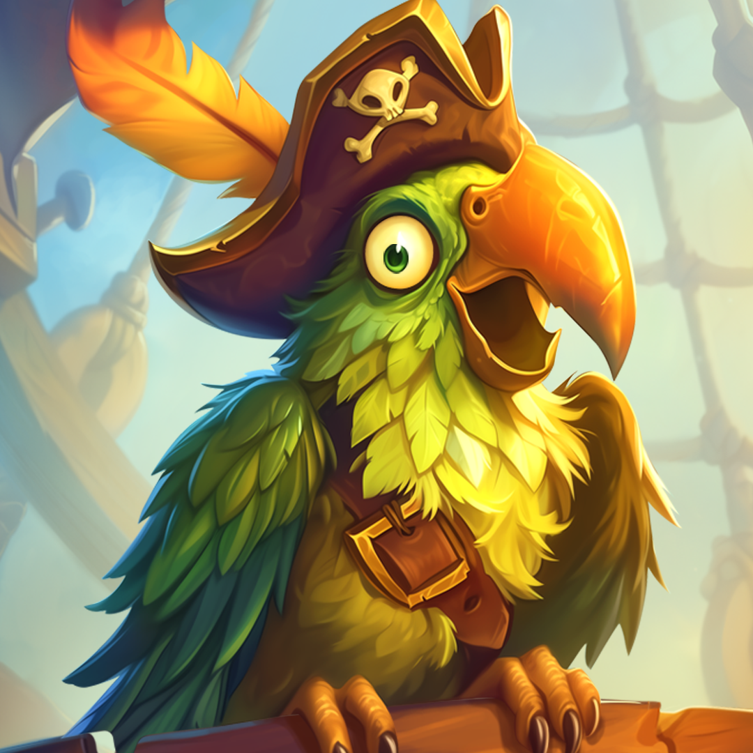 Pirate's parrot character from a slot game, featuring a vibrant tricorn hat adorned with a skull and crossbones.