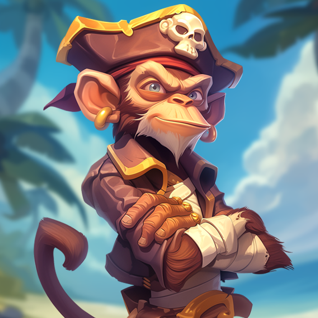 Monkey pirate captain character from a pirate-themed slot game, standing with arms crossed on an island.