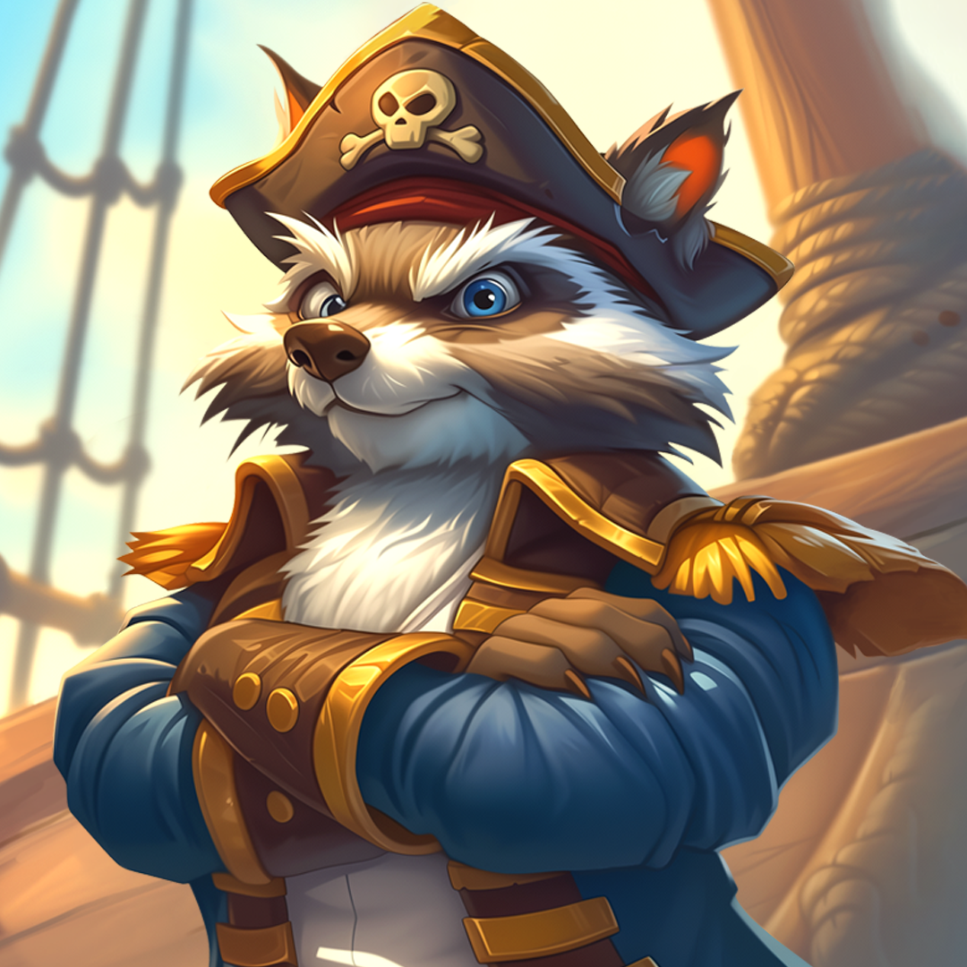 A 2D cartoon raccoon pirate captain, wearing a tricorn hat and a jacket. This character is designed for a pirates theme slot game.
                                                