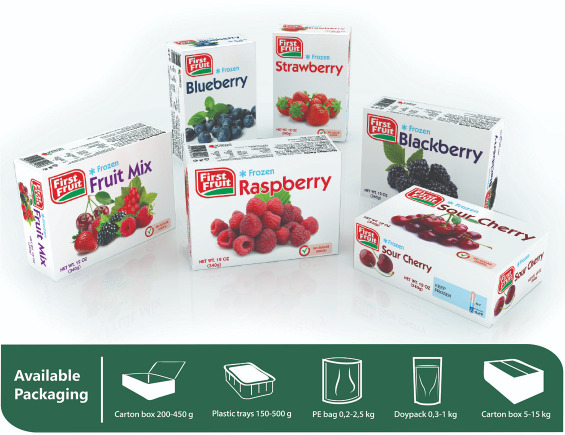 Frozen fruits- Raspberry; Blackberry; Strawberry; Sour cherry; Blueberry; Plums and all kinds of fruit mixes; packed in bags; doypacks; boxes or trays with various material options.