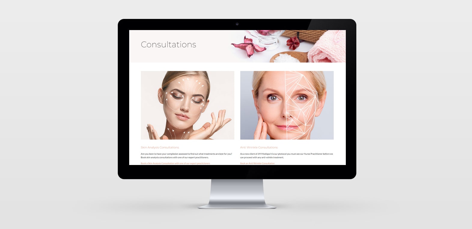 Beauty consultation web page layout for JM Medispa project