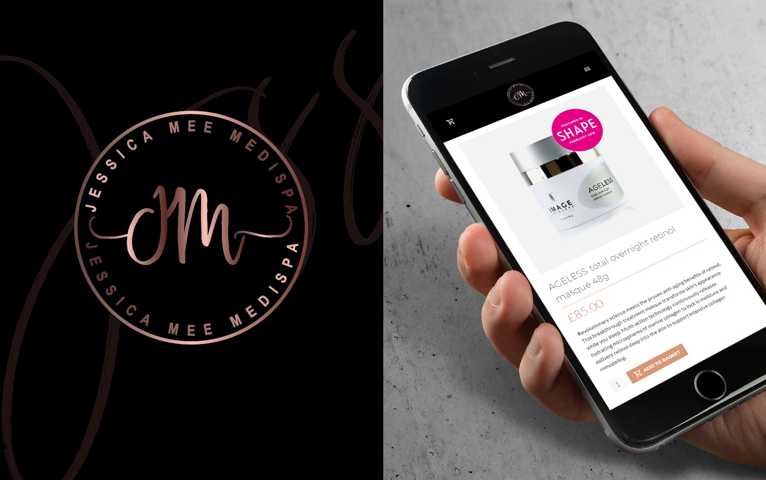 JM Medispa logo and responsive shopping page iPhone screen