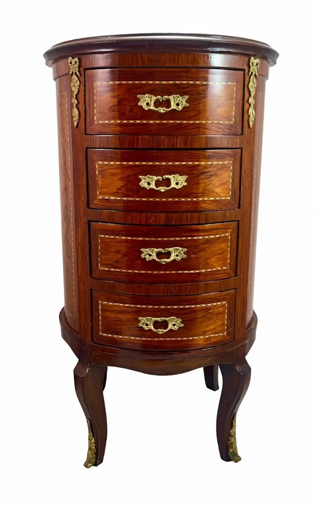 Okrągła komoda w stylu Ludwika XVI stojąca na 4 giętych nogach