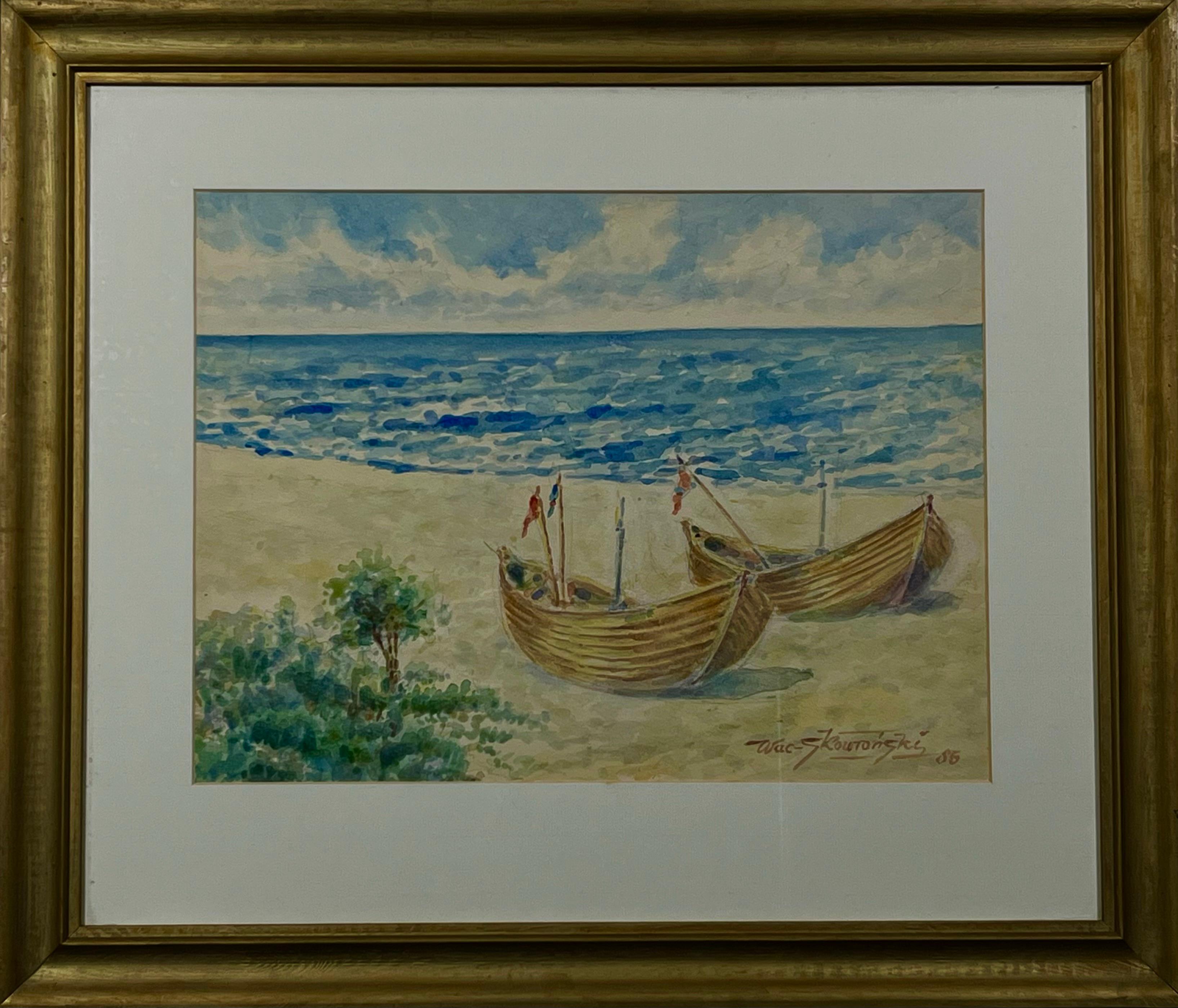 Wacław Skowroński,''Rybackie łodzie na brzegu morza''