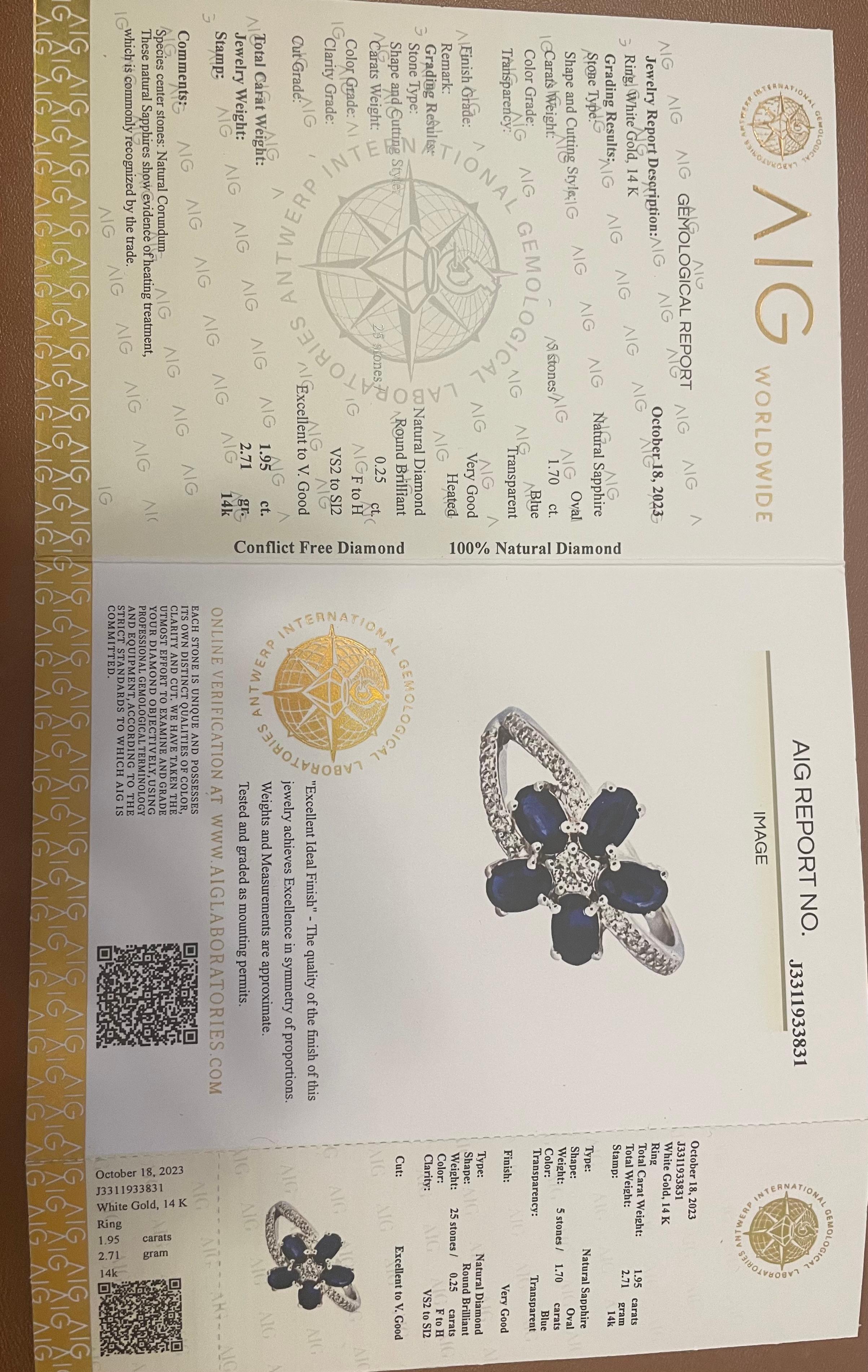 Złoty pierścionek z diamentami i szafirami 1,95 ct, ekspertyza AIG