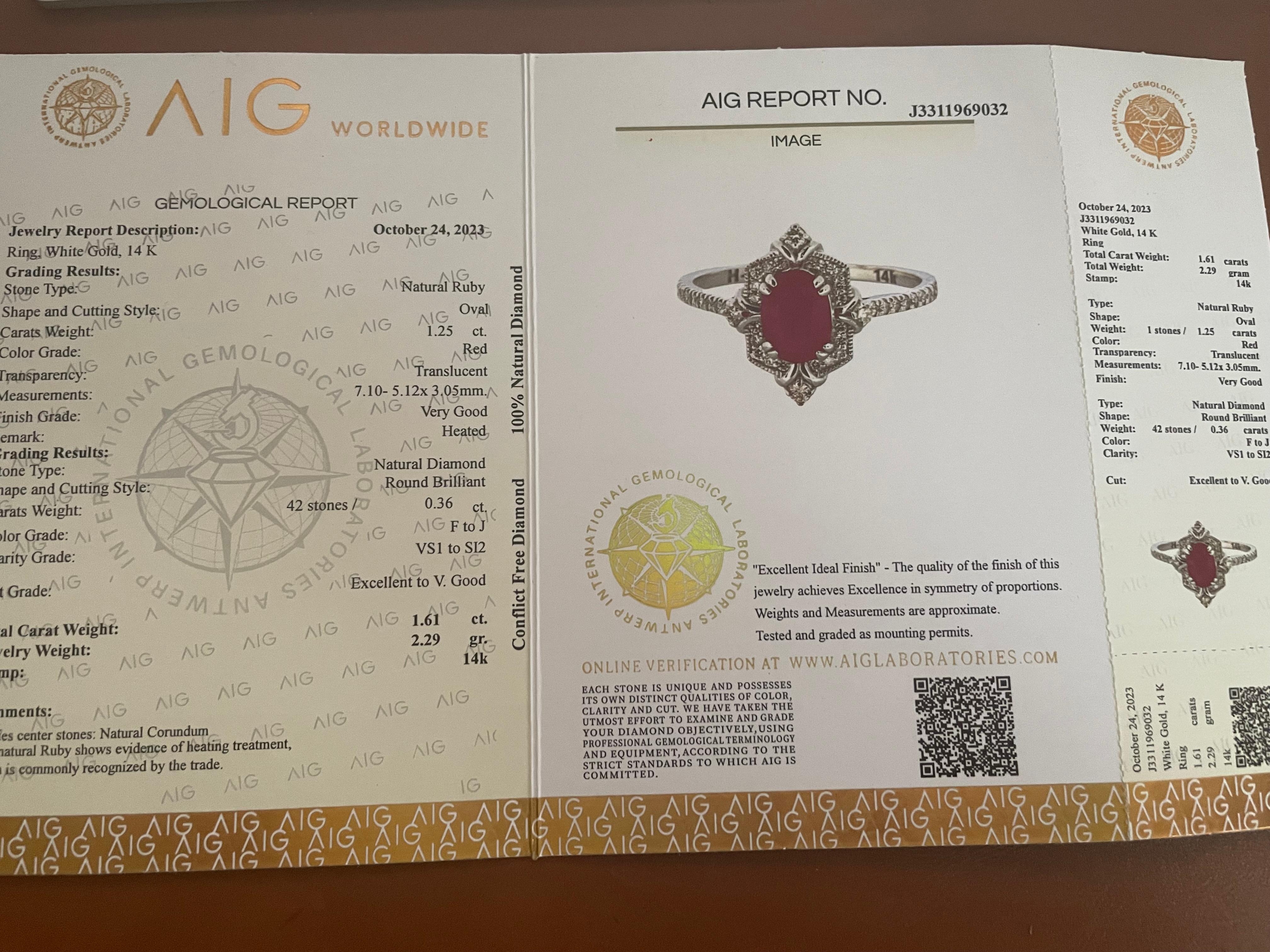 Złoty pierścionek z rubinem i diamentami 1,61 ct,ekspertyza AIG