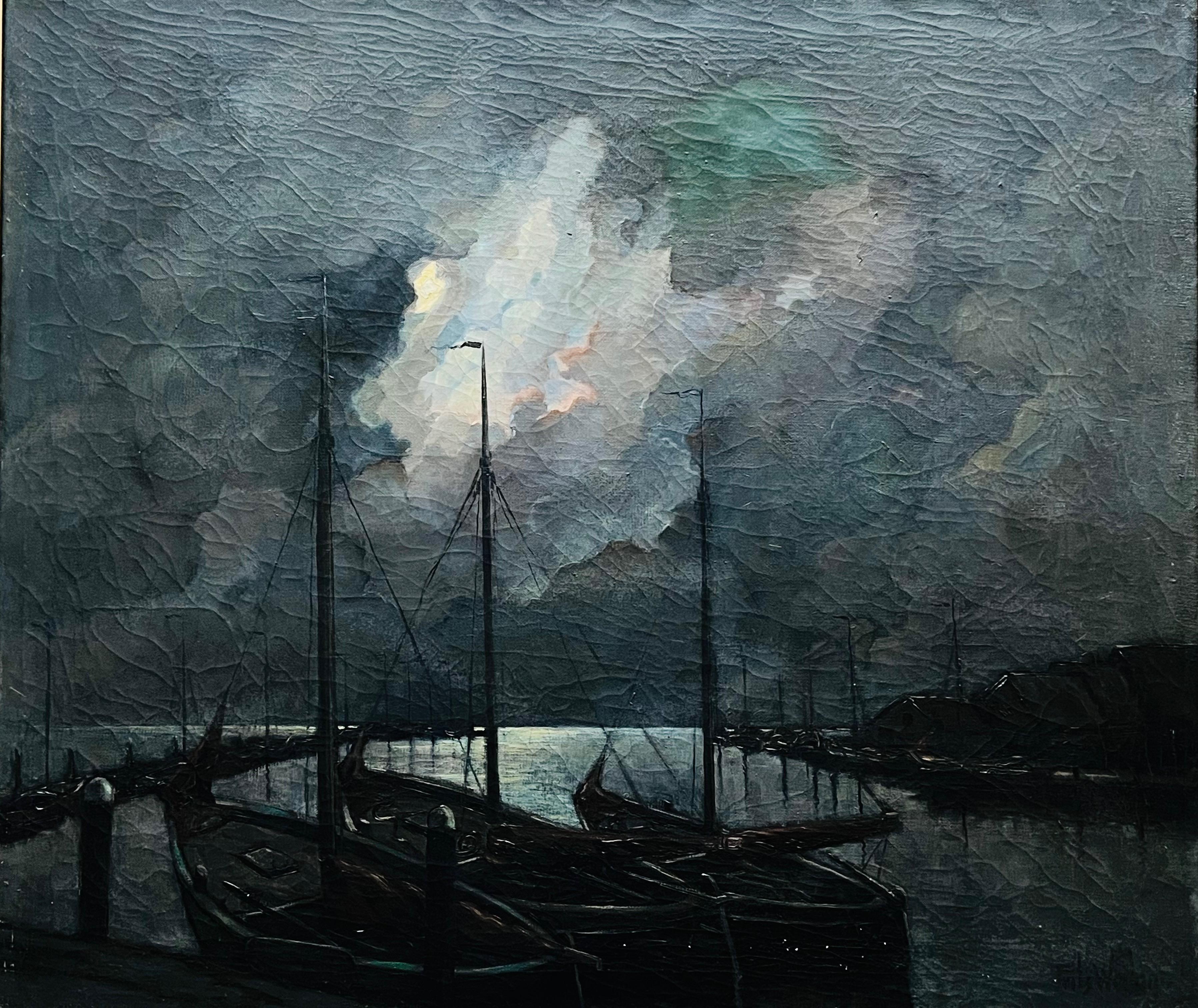 Frits Weiland (1888-1950) "Przystań rybacka nocą"