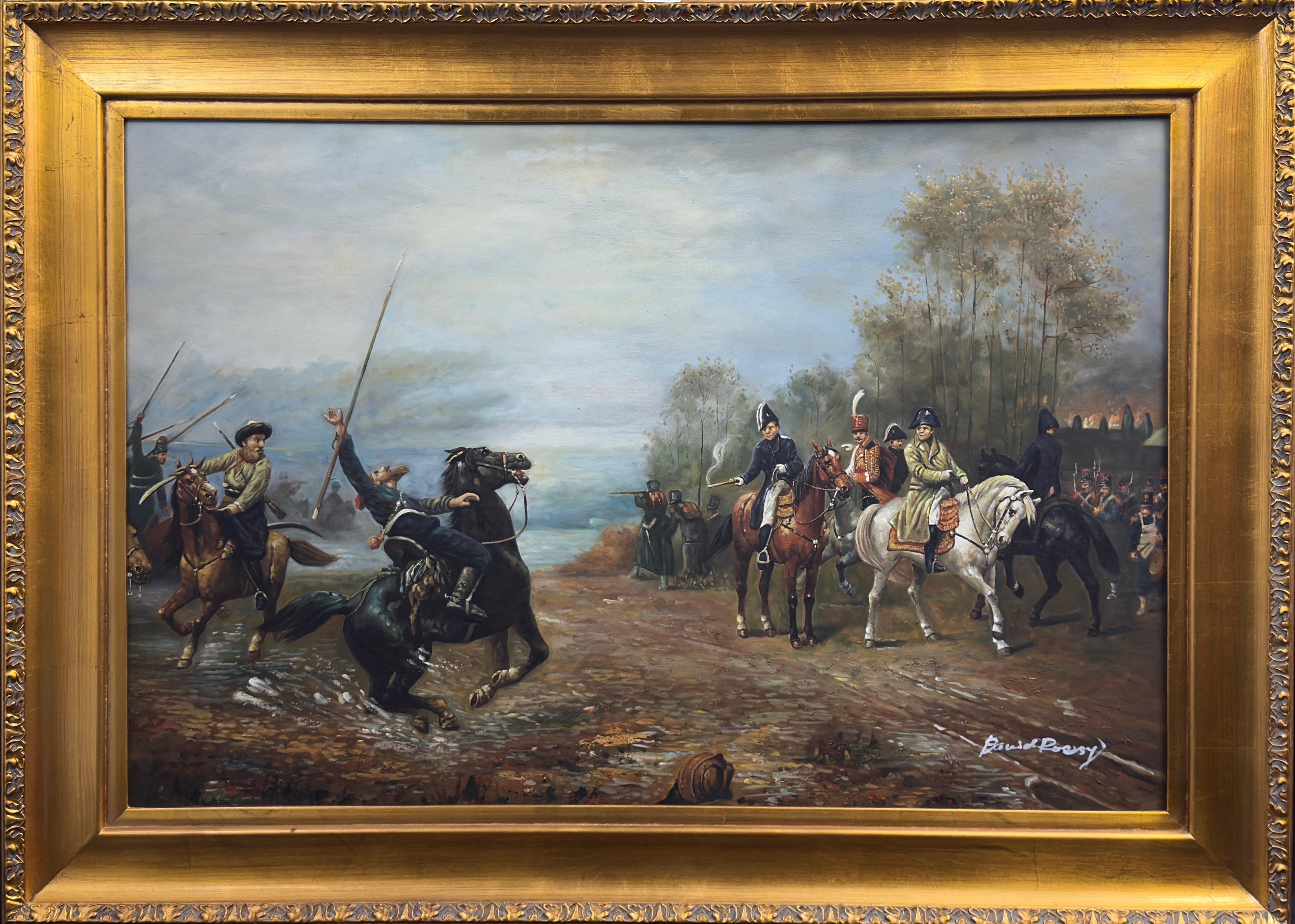 Dekoracyjna rama zdobiona ilustracją ze sceną militarną