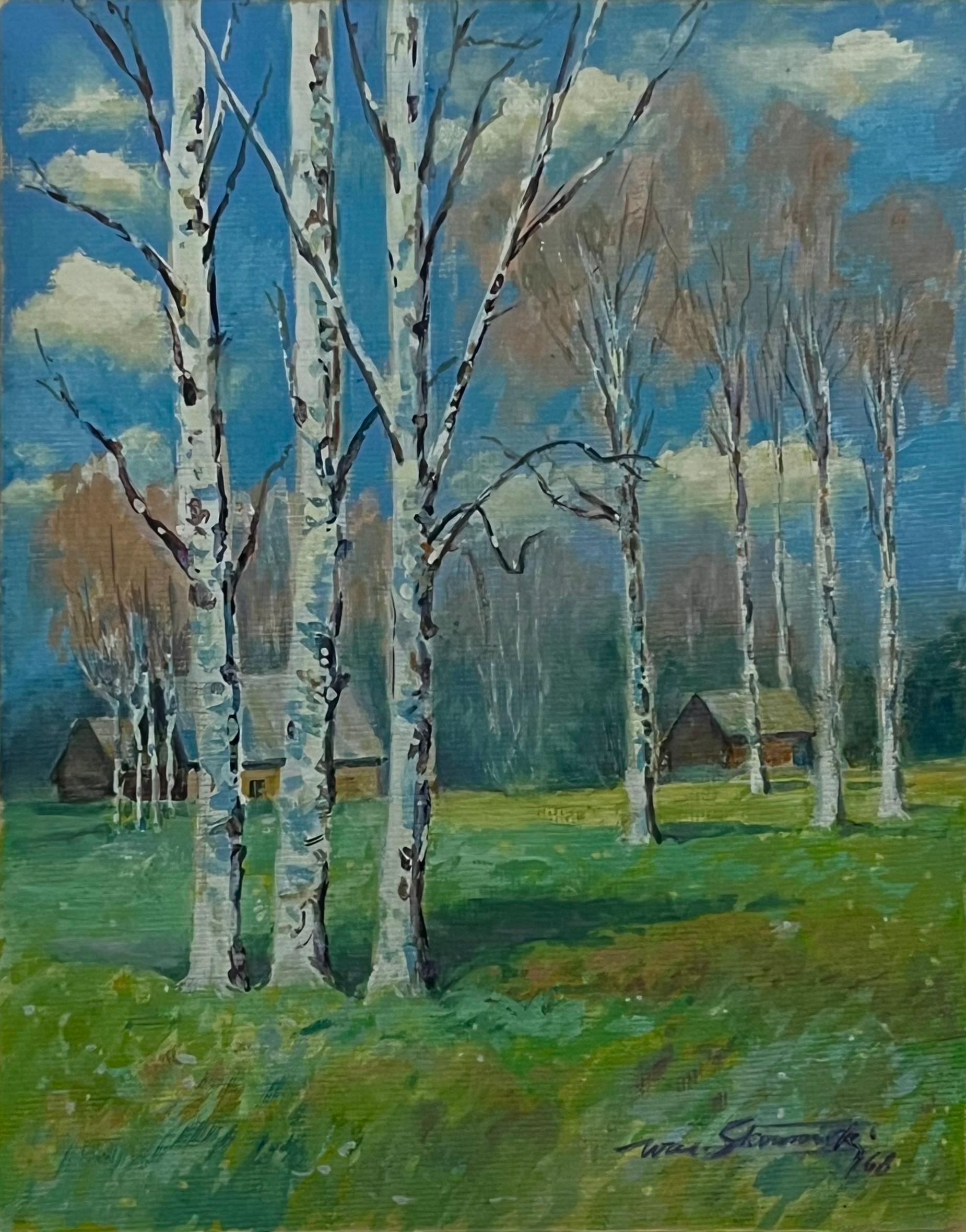 Pejzaż z brzozami i wiejskimi chatami