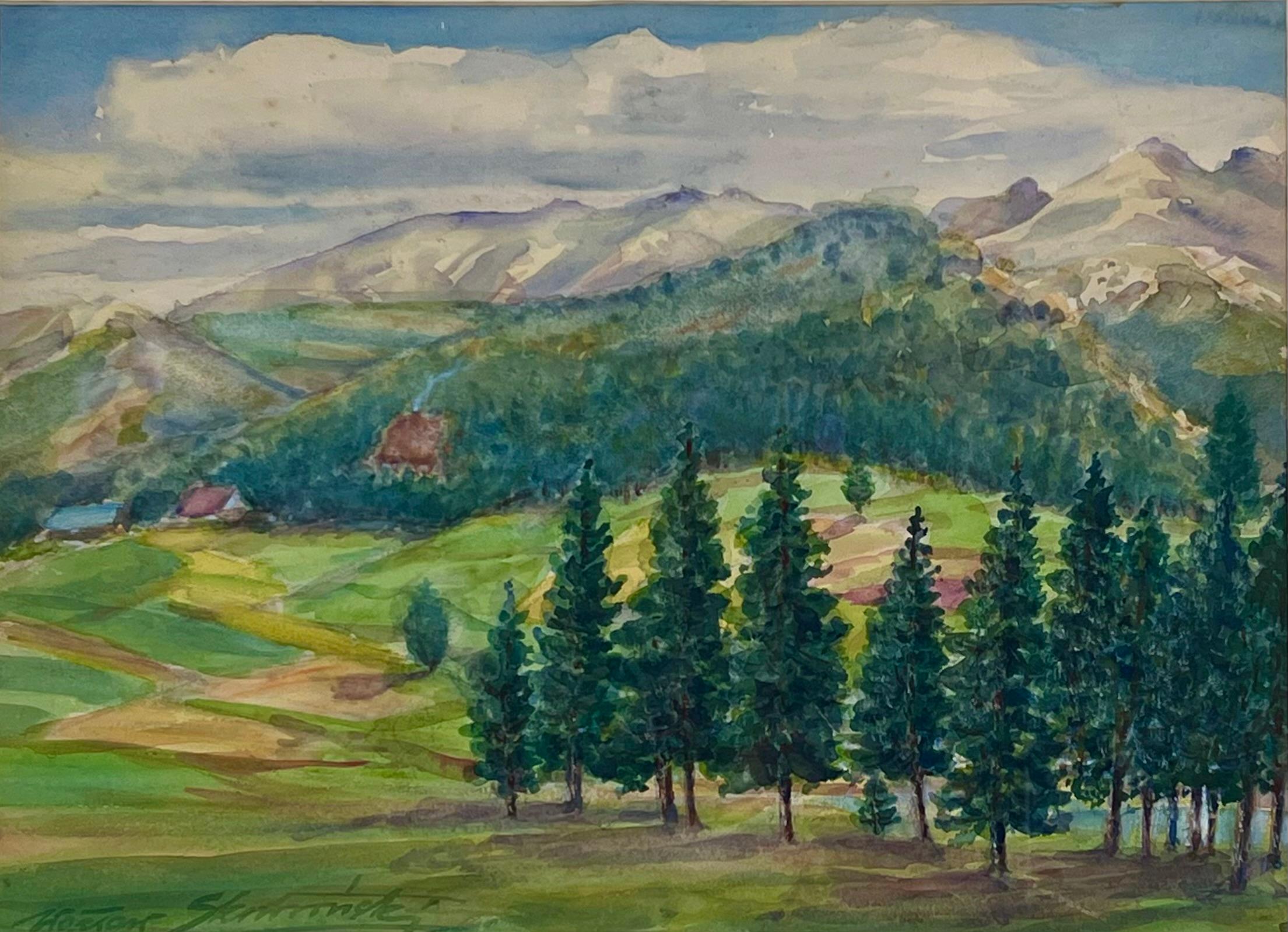 Wacław Skowroński,''Podhalański pejzaż z chatami''