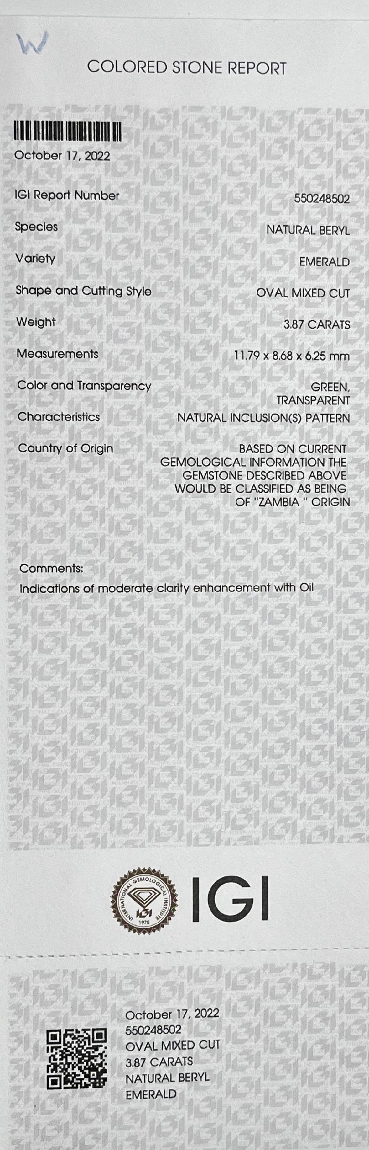 Wisior ze szmaragdem naturalnym 3,87 ct i diamentami, certyfikat IGI