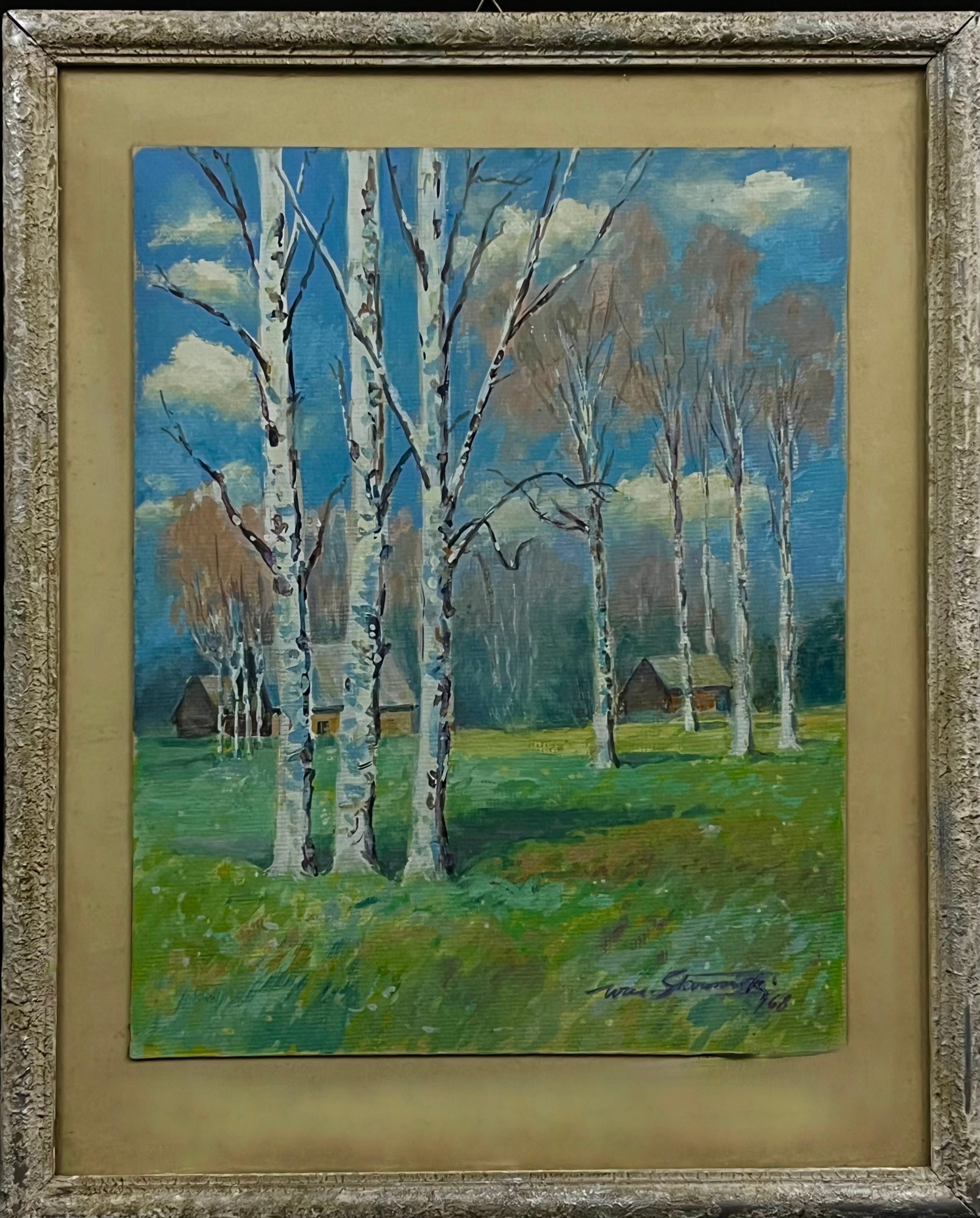 Pejzaż z brzozami i wiejskimi chatami