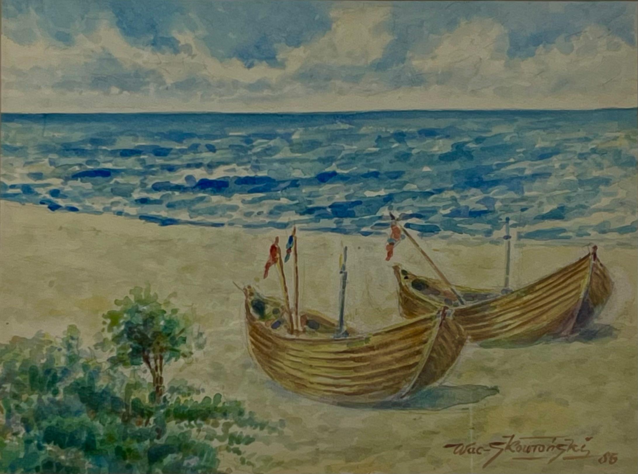 Wacław Skowroński,''Rybackie łodzie na brzegu morza''