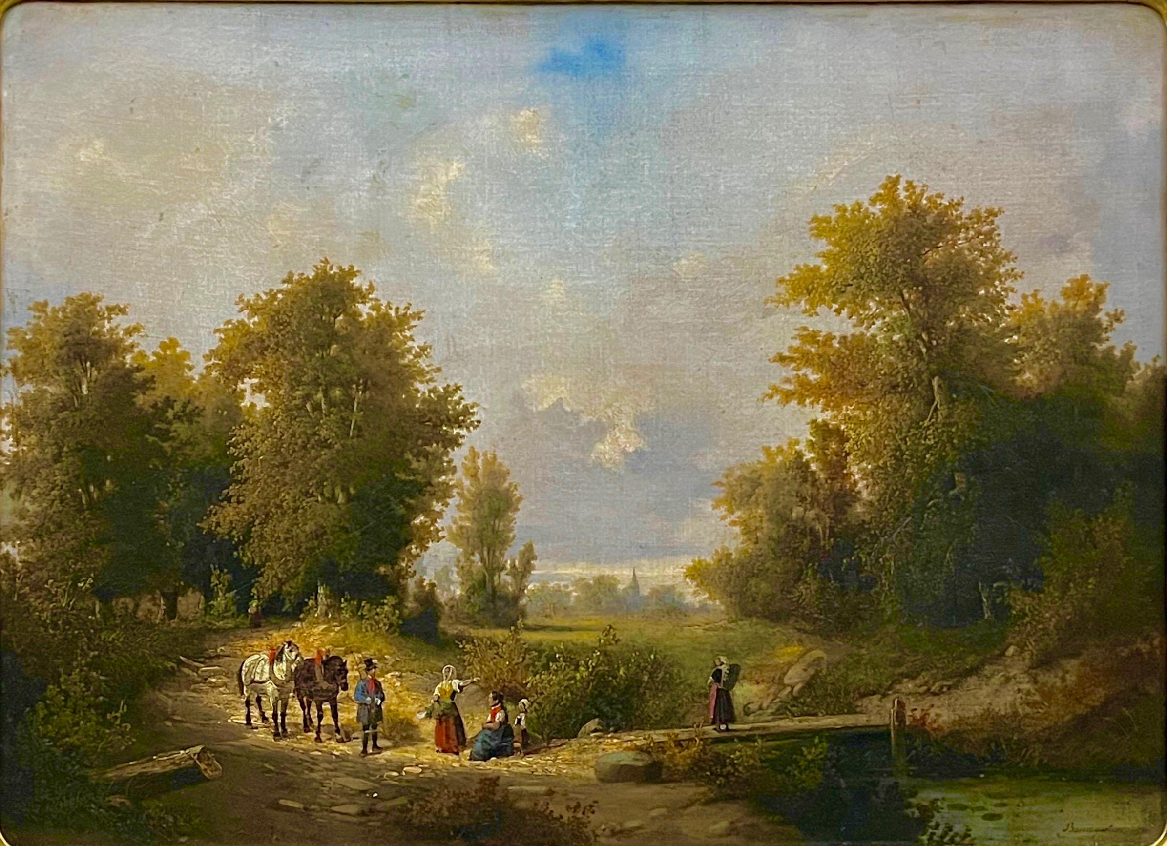 Peter Baumgartner(1834-1911), Krajobraz z postaciami i dwoma końmi