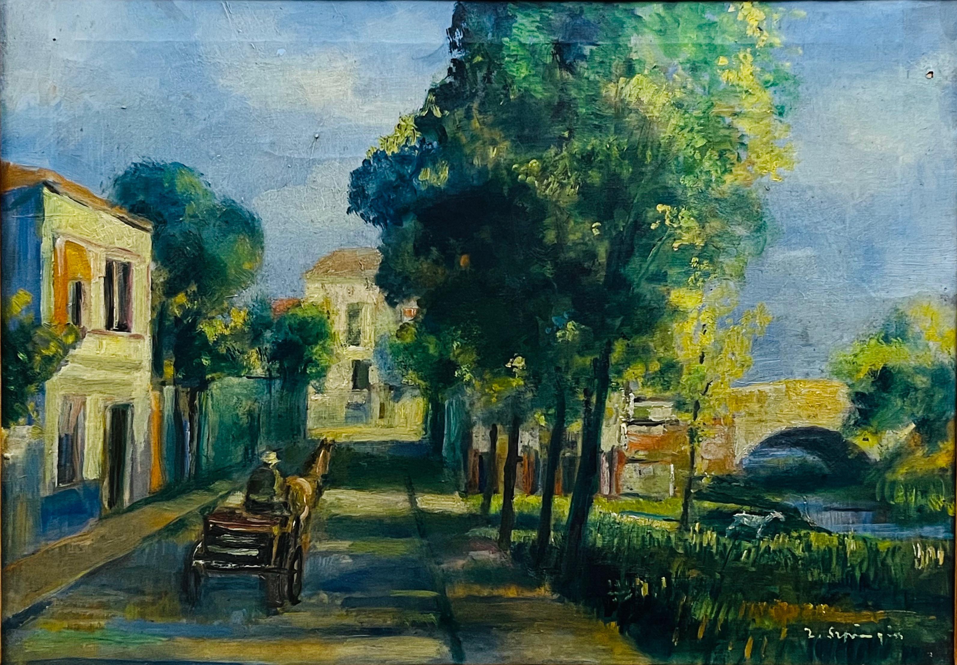 Szpinger Zygmunt (1901-1960), Widok miasteczka z zaprzęgiem jadącym topolową aleją