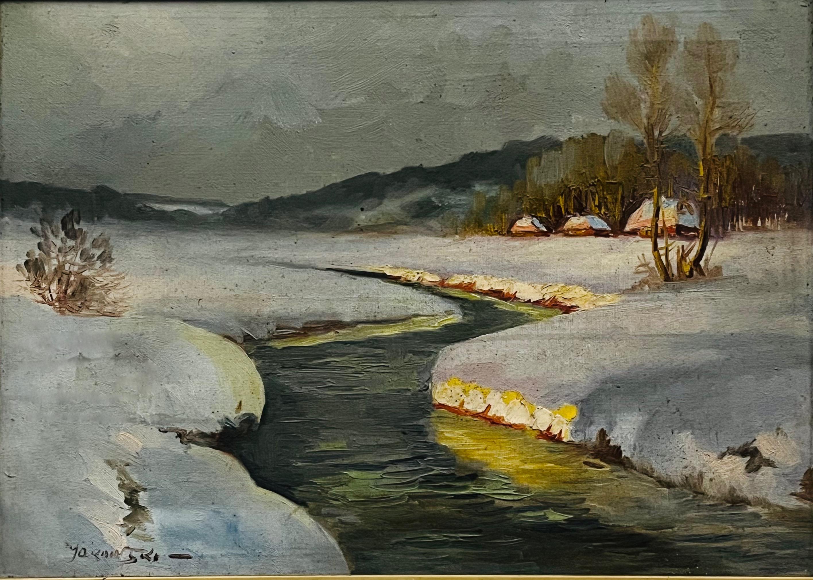 Jankowski ''Pejzaż zimowy z chatami''
