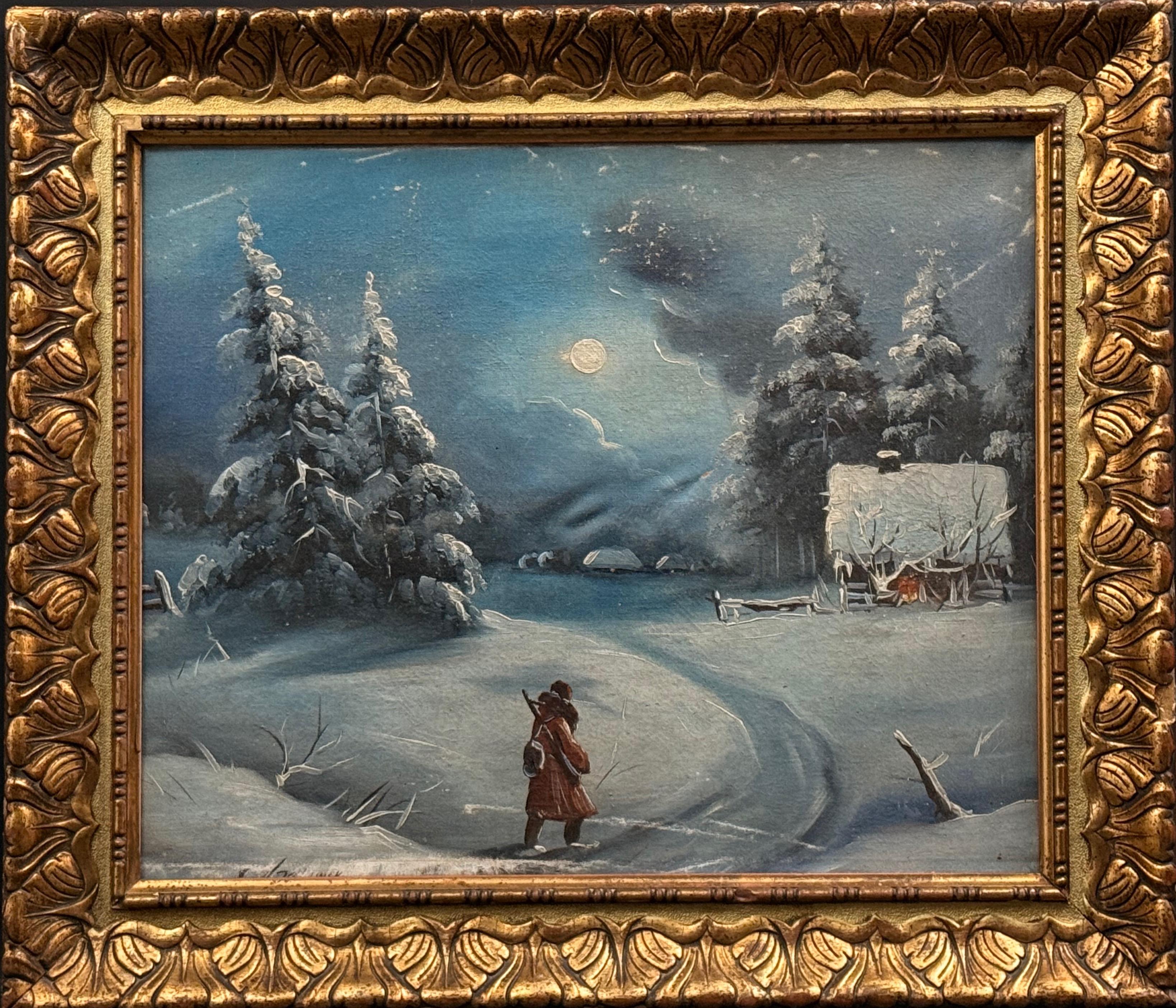 Dekoracyjna rama zdobiona zimowym pejzażem na płótnie