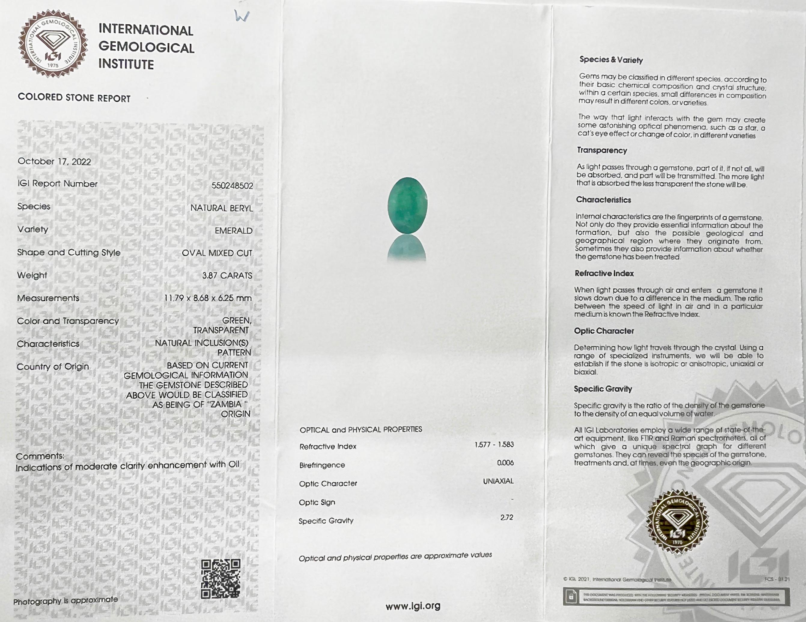 Wisior ze szmaragdem naturalnym 3,87 ct i diamentami, certyfikat IGI