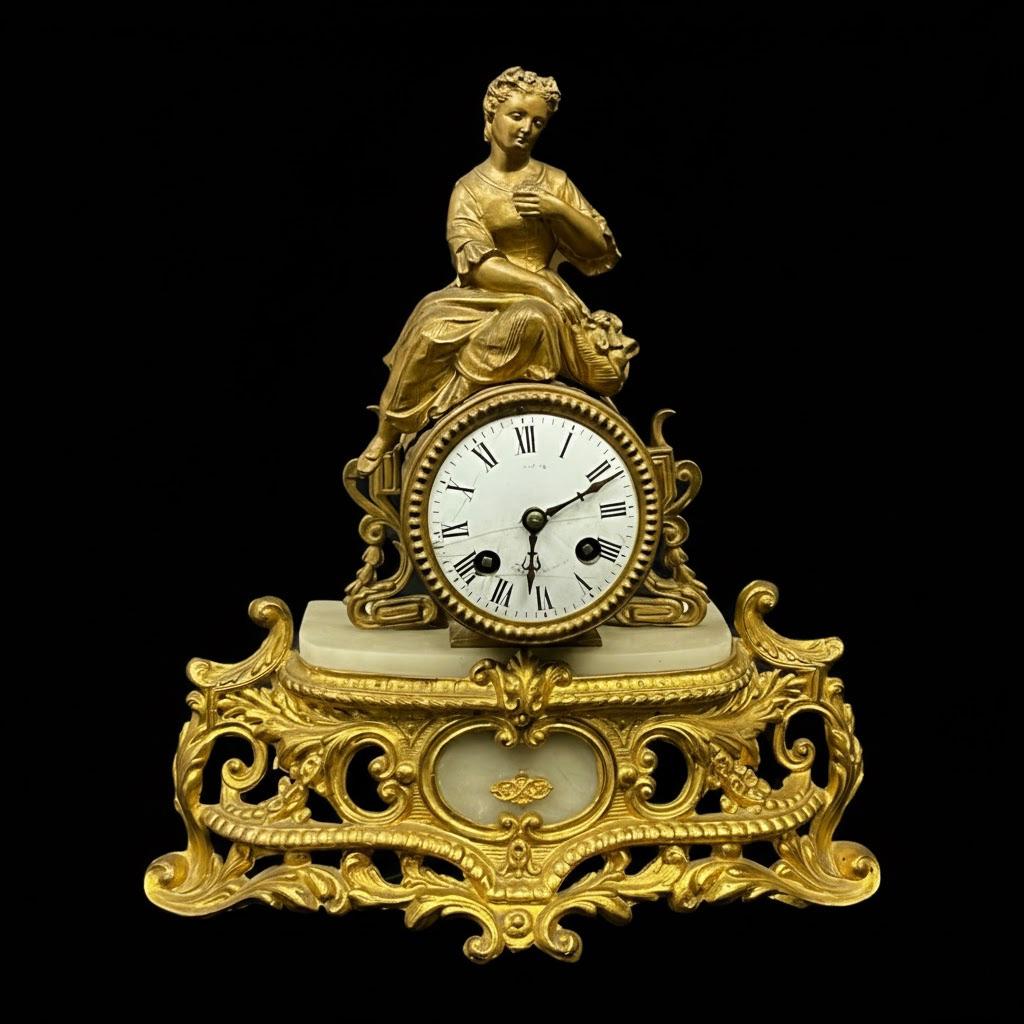 Zegar komodowy zdobiony na szczycie pełnoplastyczną figurą kwiaciarki