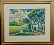 Wacław Skowroński,''Letni pejzaż z brzozami i zagrodą''