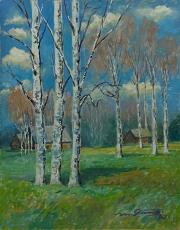 Pejzaż z brzozami i wiejskimi chatami