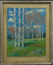 Pejzaż z brzozami i wiejskimi chatami