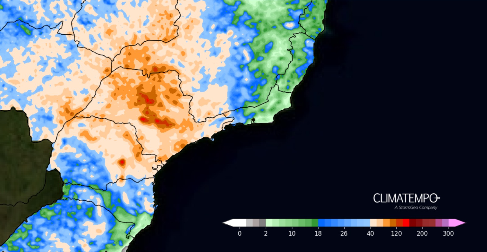 Acumulado de chuva esperado entre 03 de novembro e 06 de novembro (Fonte: Climatempo)