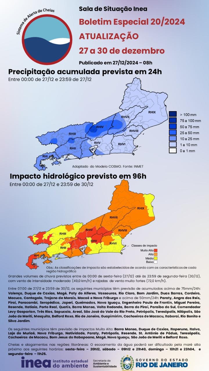 Alerta de chuva para o RJ entre 27 e 30 de dezembro de 2024 (Fonte: INEA/RJ)