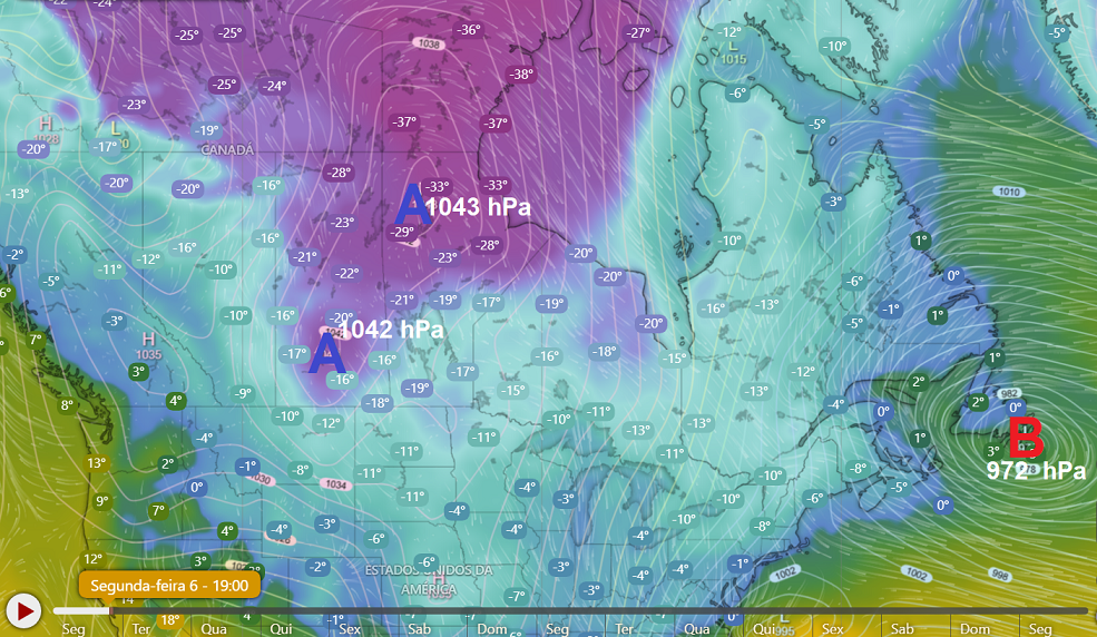 Onda de frio severa se espalhou sobre o Canadá e os Estados Unidos no primeiro fim de semana de 2025 (Imagem: análise GFS via windy.com)