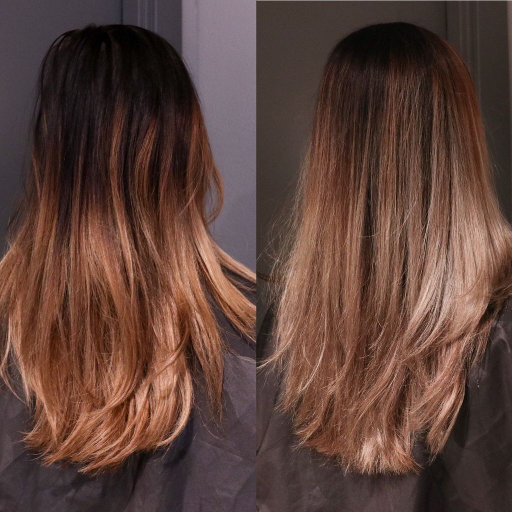 Bilden till vänster är innan färgning och utan hairtalk. Bilden till höger är efter färgning och utan hairtalk:)