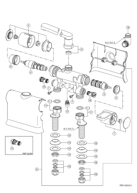 サーモスタット付シャワーバス水栓(寒冷地)RBF-822N（水栓金具） |展開図あり|LIXIL部品ナビ