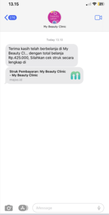 Contoh notifikasi pengiriman kwitansi online melalui SMS