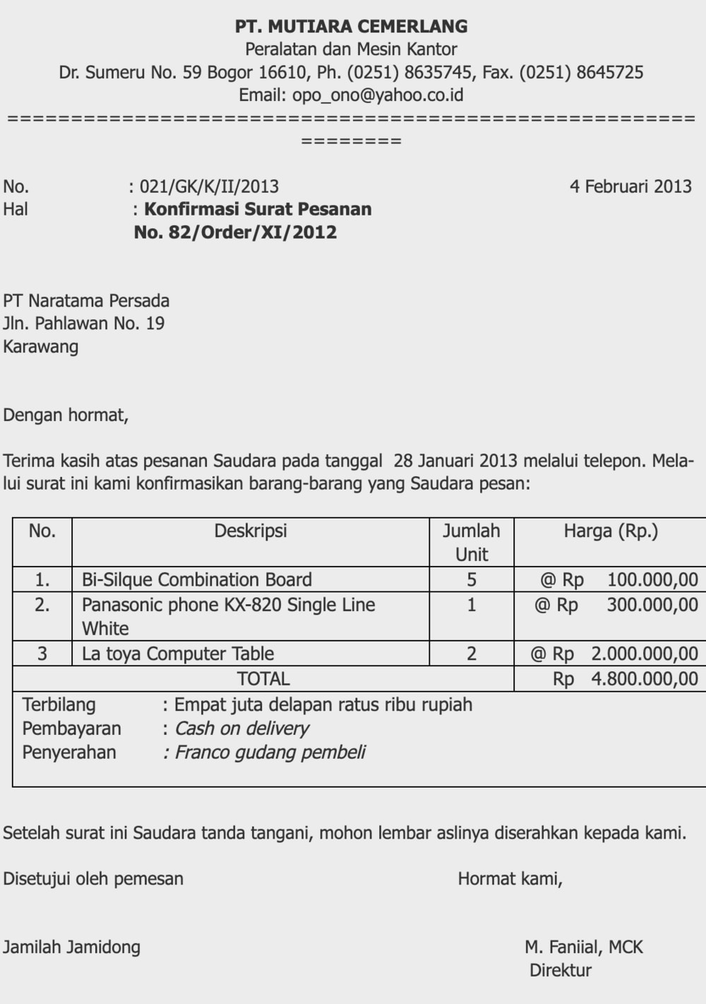 contoh surat konfirmasi pesanan barang