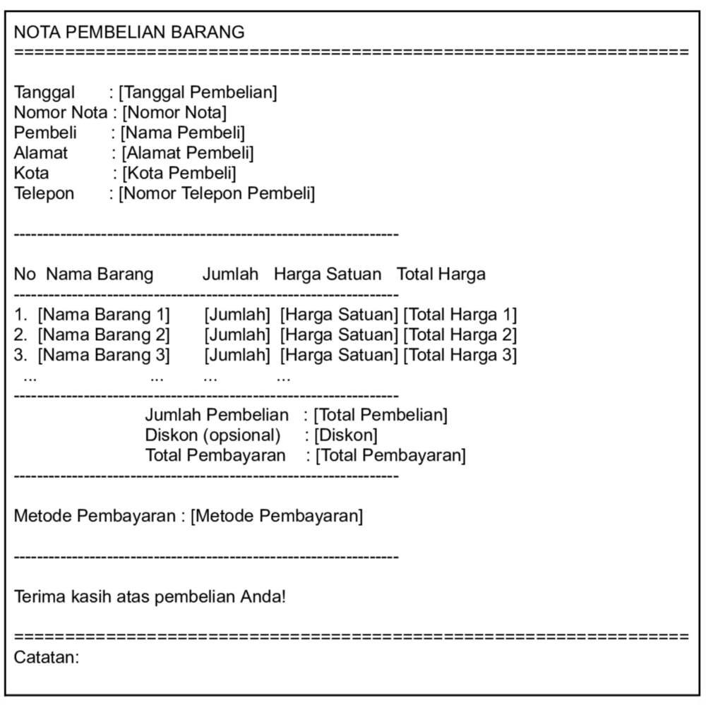 contoh format nota pembelian barang