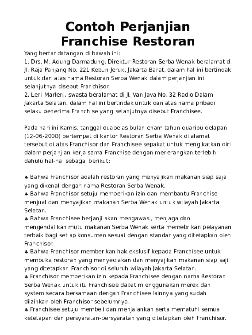 Contoh Perjanjian Franchise Minuman