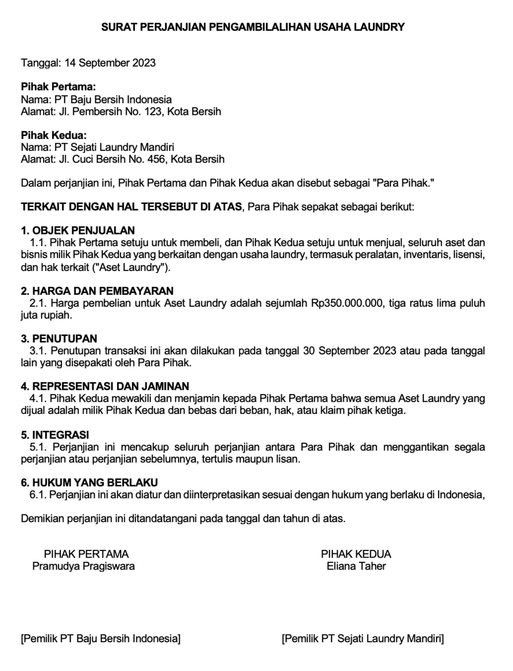 Contoh Surat Perjanjian Take Over Usaha